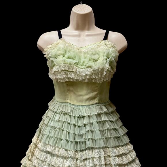 VNTG Green Cupcake Prom Dress Lace Chiffon Tiered Ruffled Strapless Gown 1950s - Picture 7 of 16